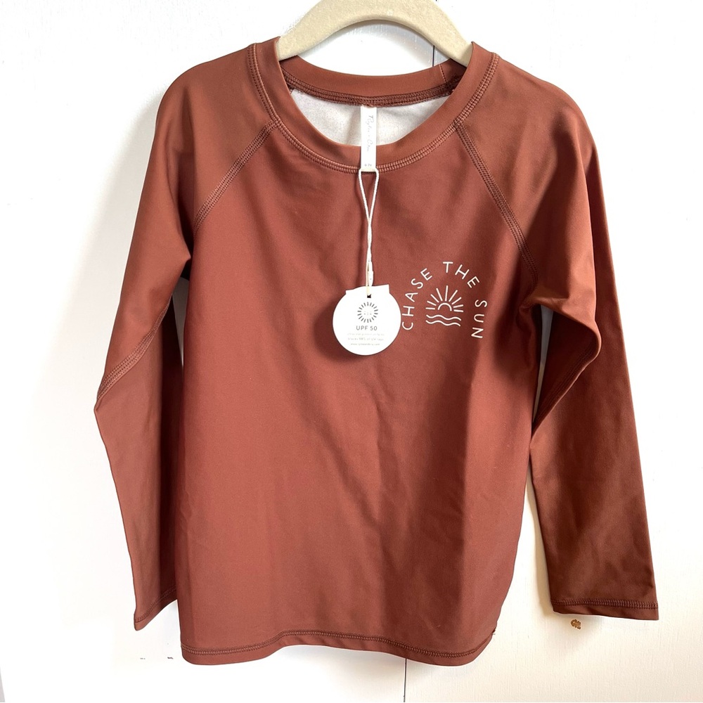 NEW WITH TAGS Rylee + Cru Boys Girls Size 6-7 Brown Rashguard Swim Shirt